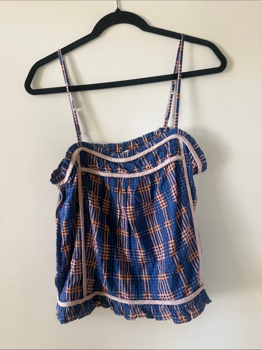 Anthropologie Navy and Pink Plaid Spaghetti-Strap Camisole Top